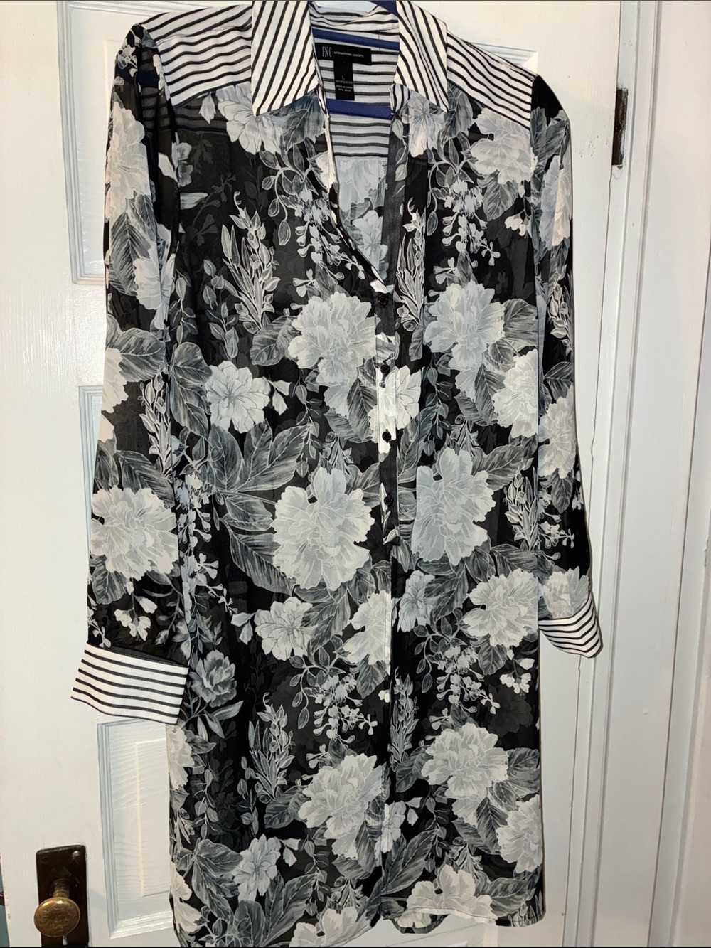 Black, Gray, White Sheer Floral Button-Down Tunic with Striped Collar and cuffs.